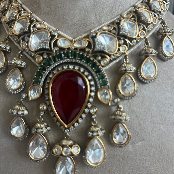 Victorian Polki Kundan Choker Necklace Set | Ruby Emerald Wedding Jewelry - Picture 5 of 15